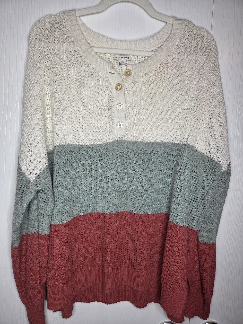 American Eagle Outfitters Cream, Sage & Rust Colorblock Henley Sweater-L